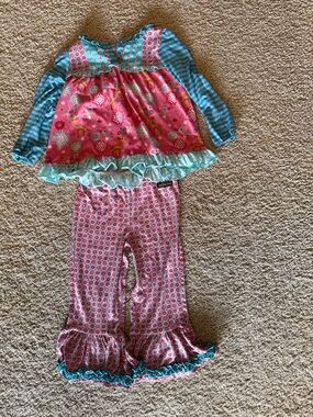 Matilda Jane Pink Floral pajamas with Teal Trim and Glitter Button